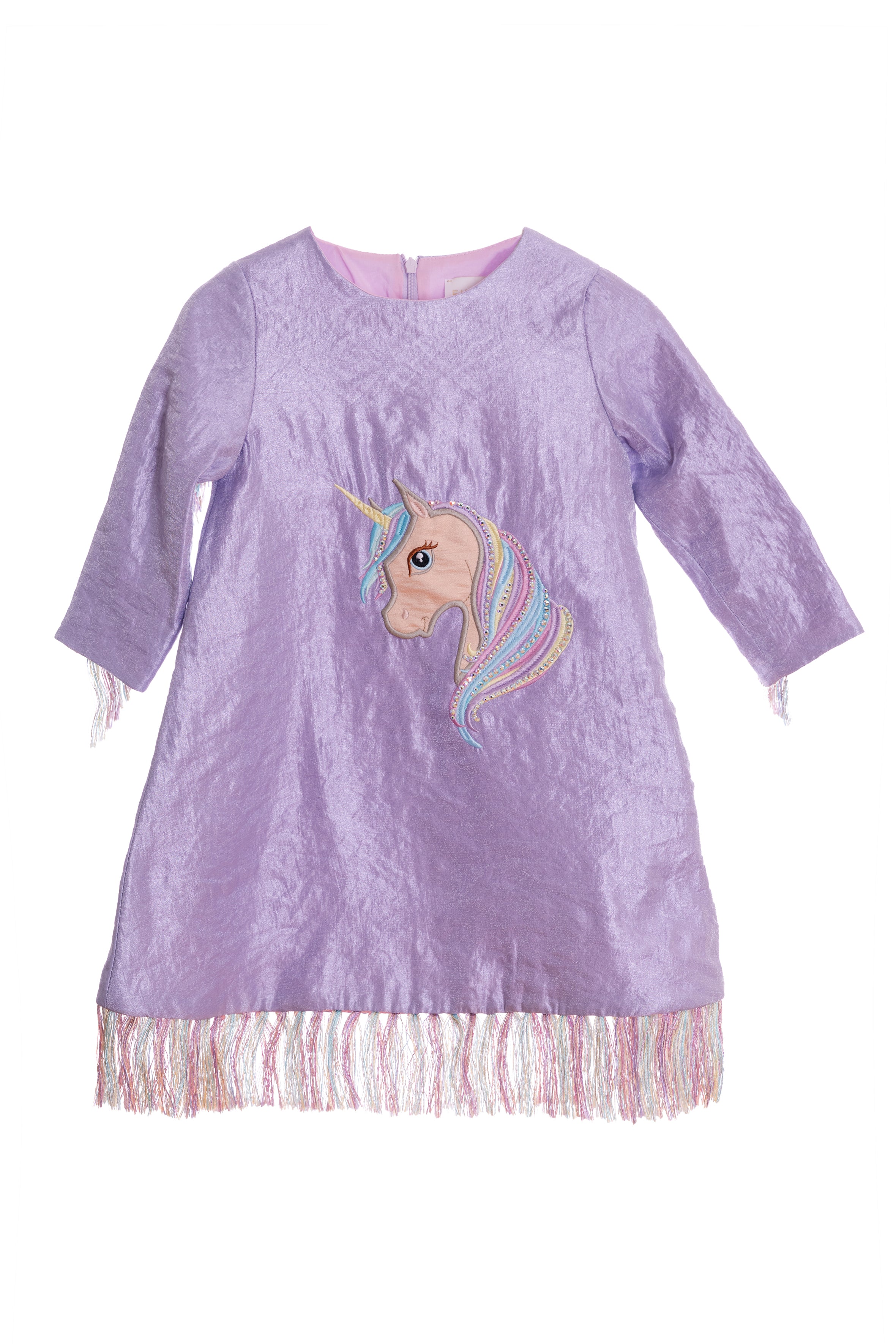 Violet dress with unicorn embroidery, fringes without Swarovski crystals