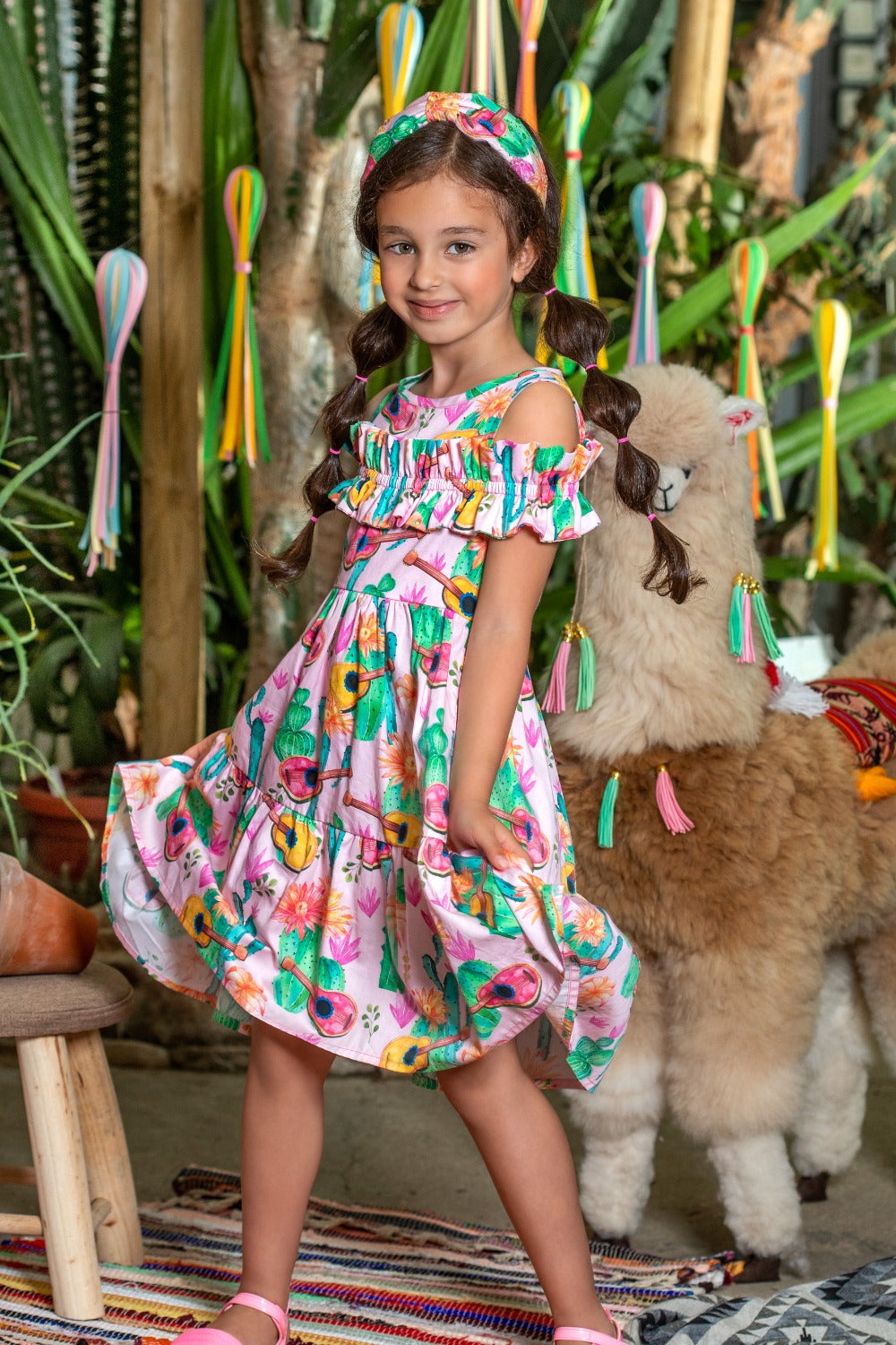 Pink cactuses and guitars cotton dress