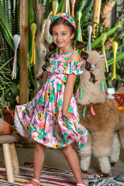 Pink cactuses and guitars cotton dress