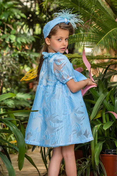 Blue floral organza dress with bow