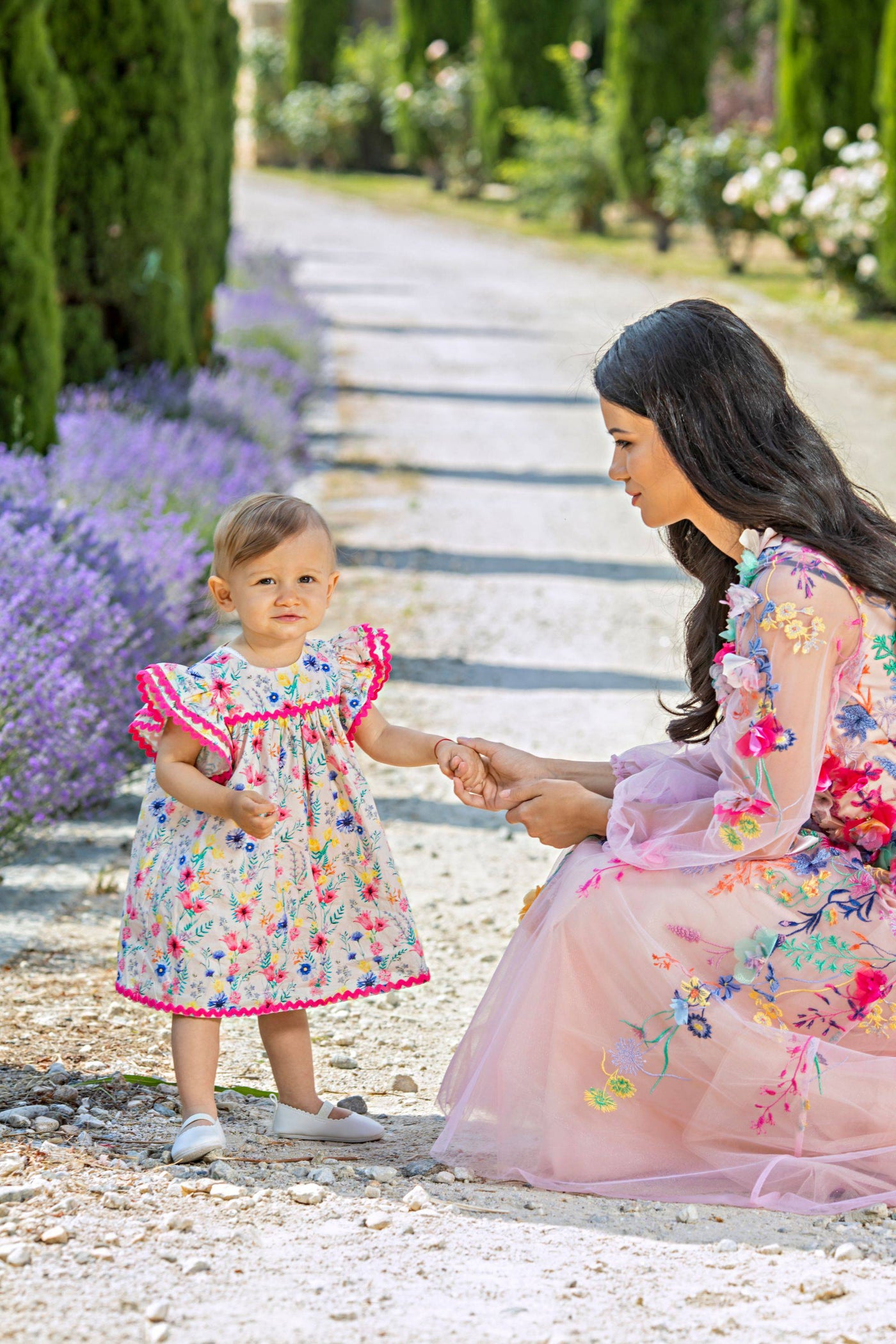 Baby light pink bright flowers satin cotton dress