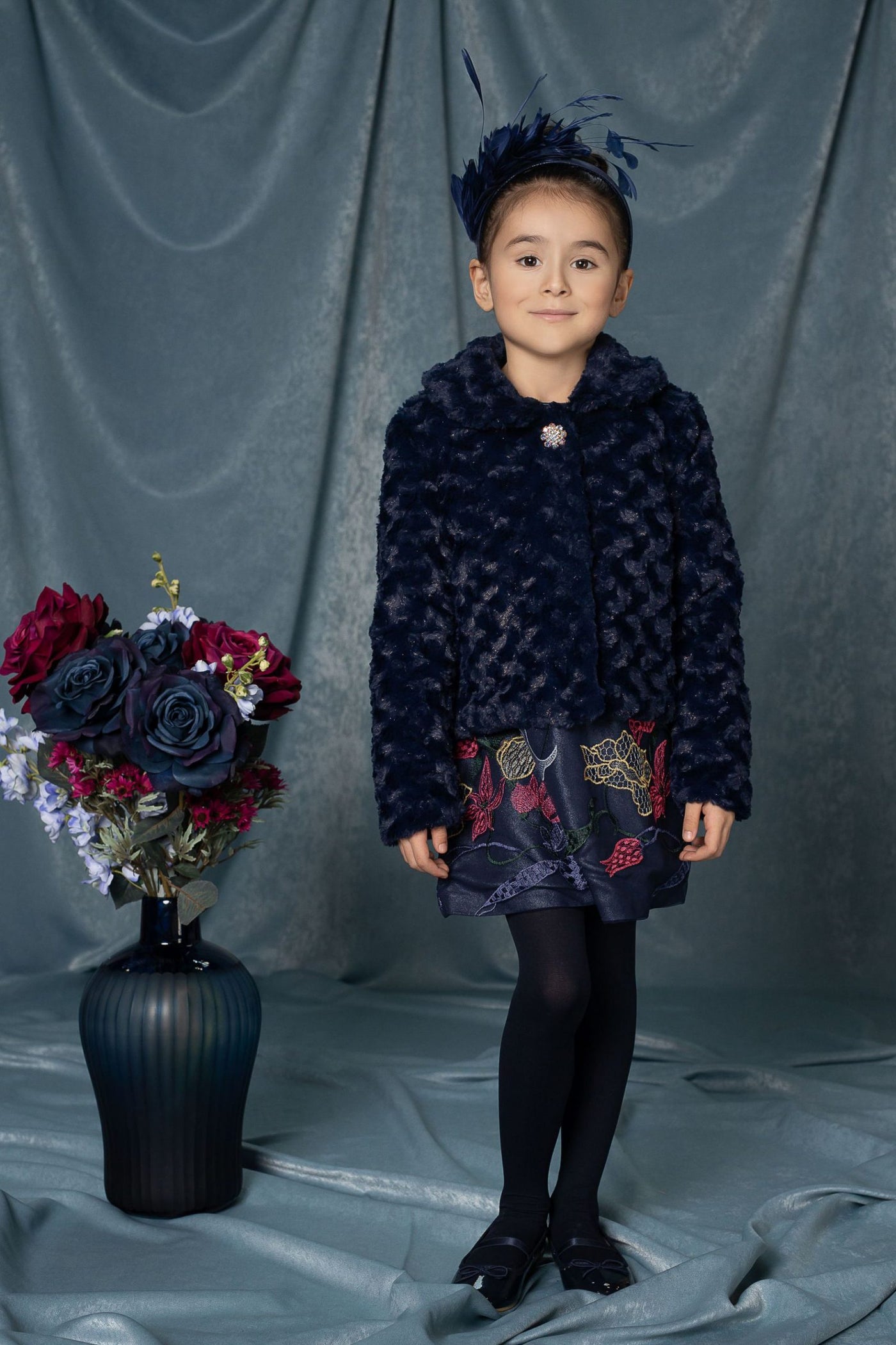 Dark blue faux fur coat with glitter and Swarovski button