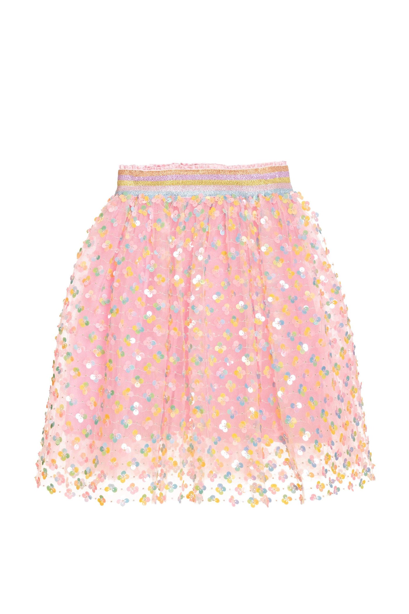 Pink sequin tulle skirt with mulitcolor elastic waist