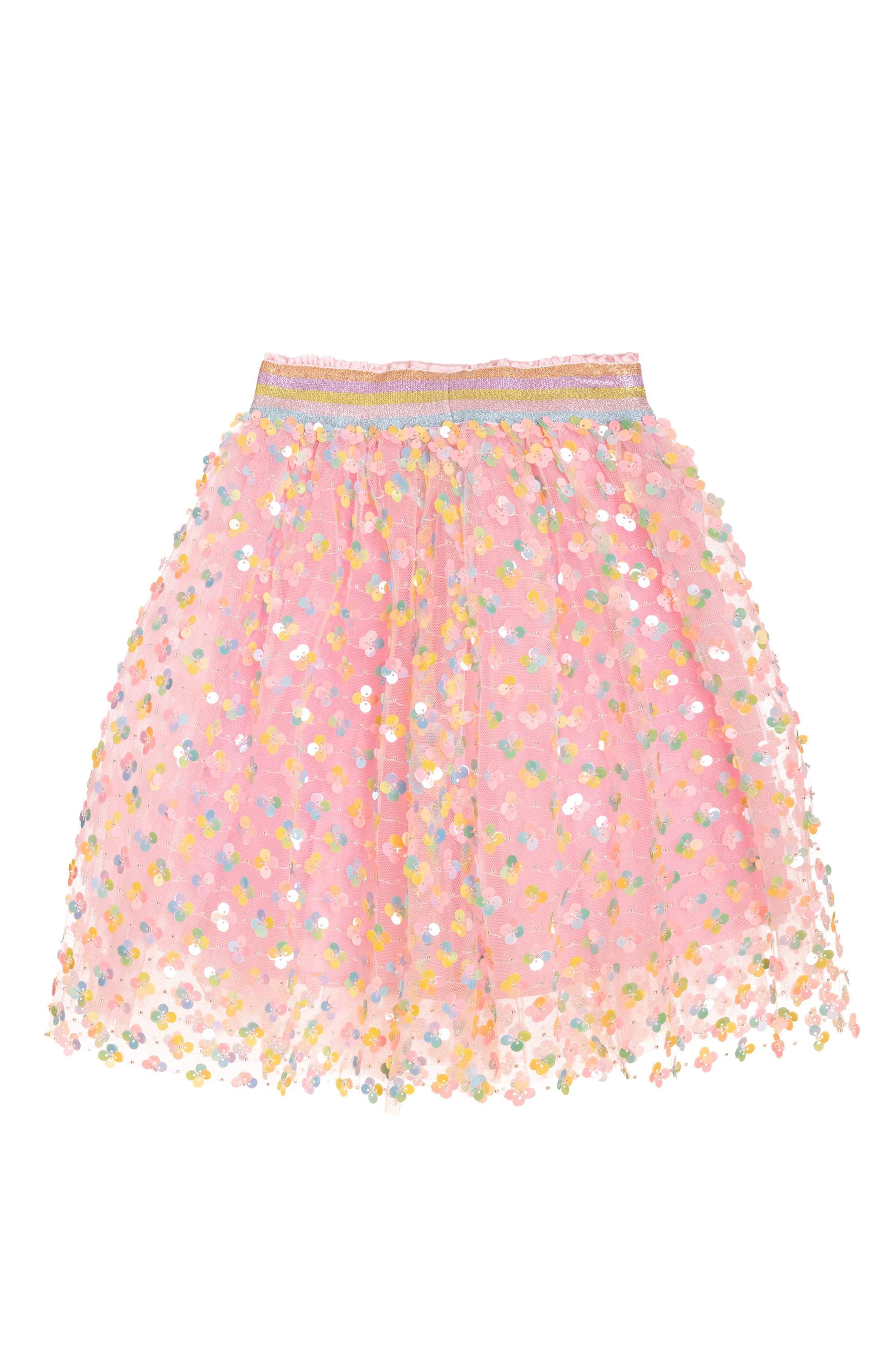 Pink sequin tulle skirt with mulitcolor elastic waist