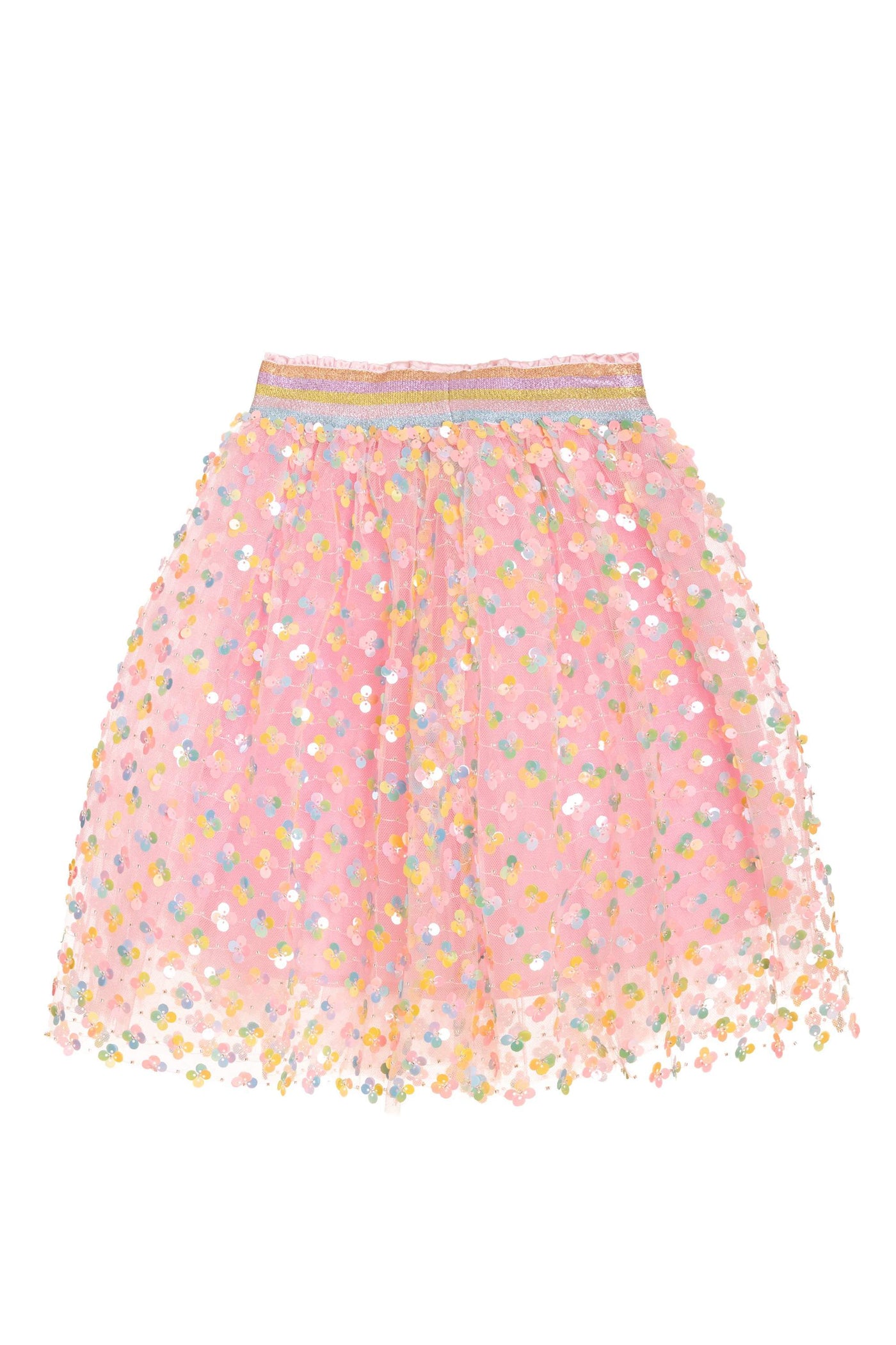 Pink sequin tulle skirt with mulitcolor elastic waist