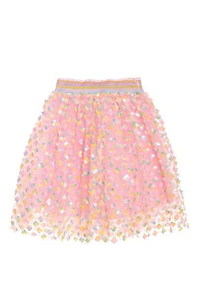 Pink sequin tulle skirt with mulitcolor elastic waist