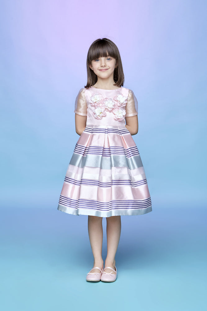 Pink, white and blue striped tulle dress with flowers